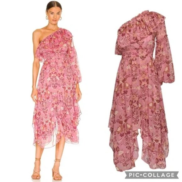 Misa Los Angeles Vola Dress in Cristobal Mirror Flora One Shoulder Ruffle Medium - Picture 1 of 9